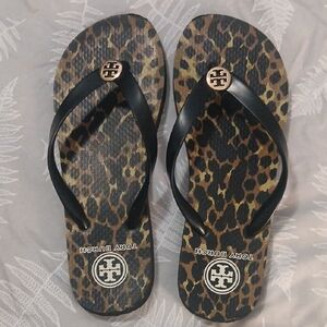 Tory Burch Black and Leopard Flip Flops